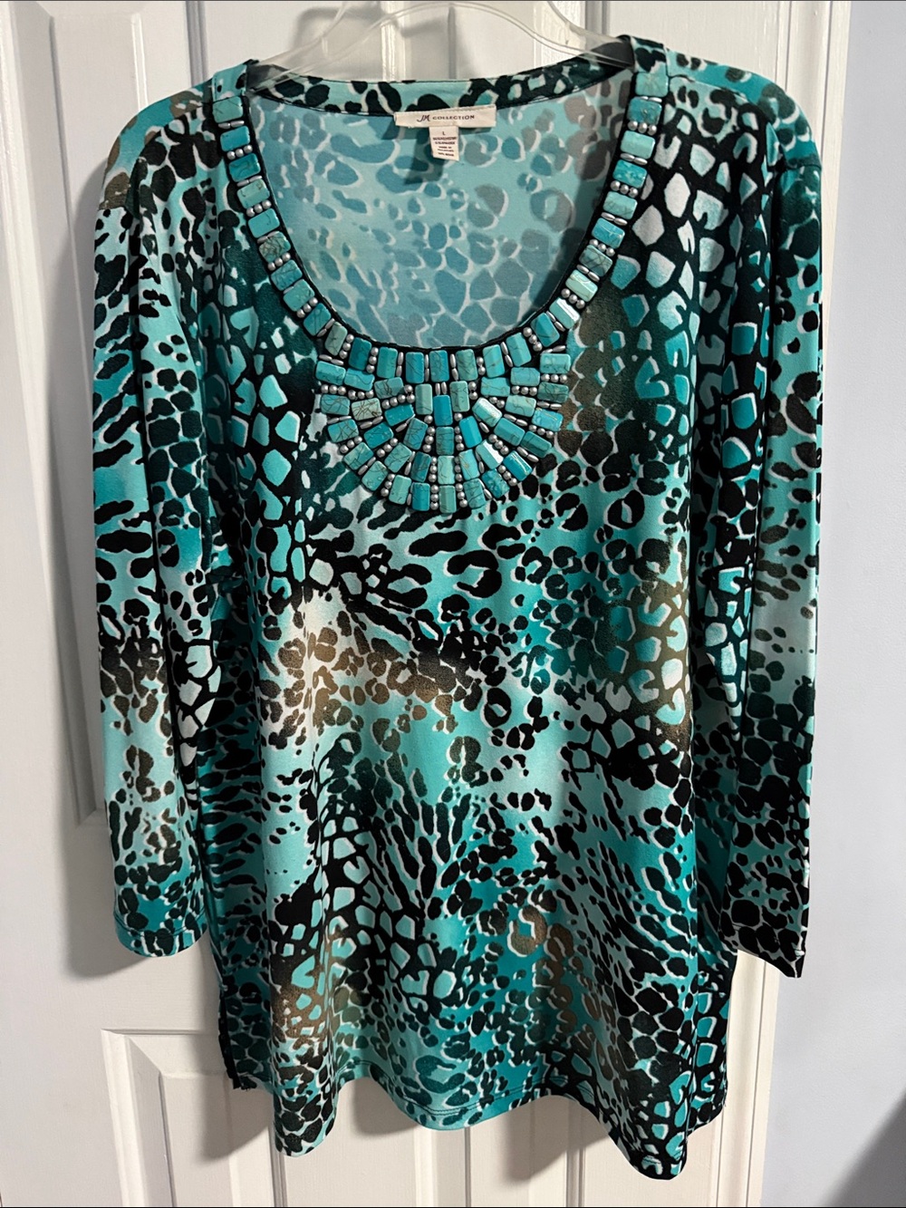 JM Collection Turquoise and Black Animal-Print Scoop Neck Tunic with Beaded Bib